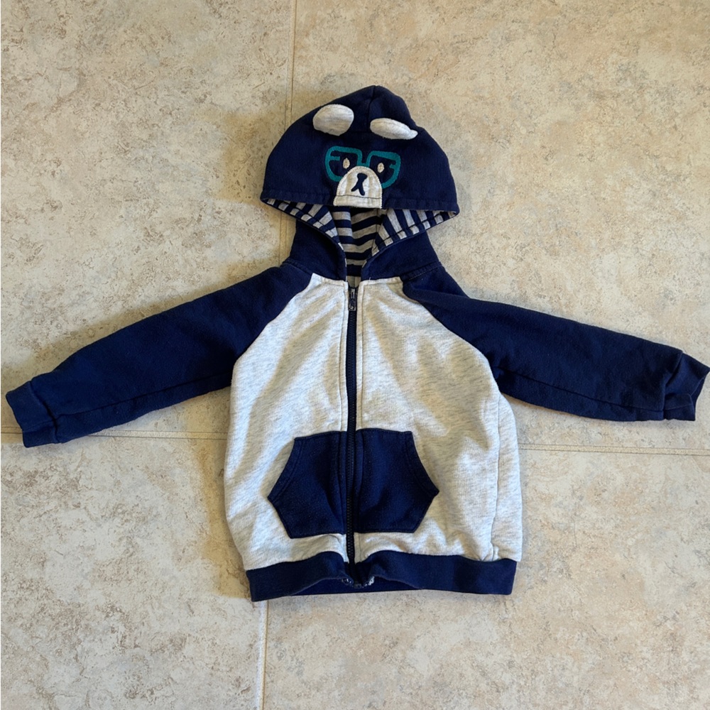 Cat & Jack French Terry Bear Hooded Zip-Up Sweatshirt, Gray & Navy Blue, 24M